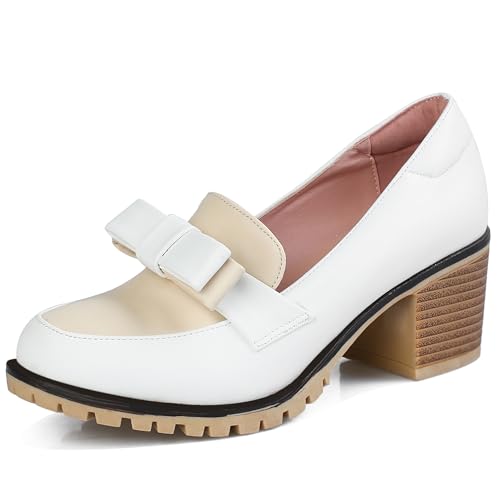 MJIASIAWA Bogen Loafers Damen Runde Zehen Blockabsatz Pumps Plateau Chunky Pumps Buro Arbeit Ohne Verschluss Zweifarbig Weiß Gr 38 EU/39 Asiatisch von MJIASIAWA