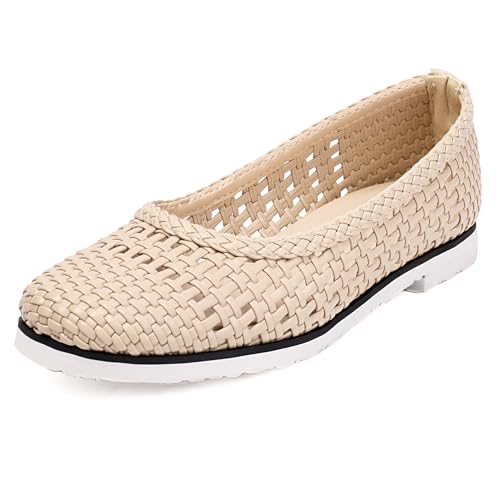 MJIASIAWA Braid Flach Runde Zehen Damen Leisure Walking Dolly Schuhe Ohne Verschluss Sommer Strand Flach Schuhe Damen Ballet Beige Gr 40.5 EU/42 Asiatisch von MJIASIAWA