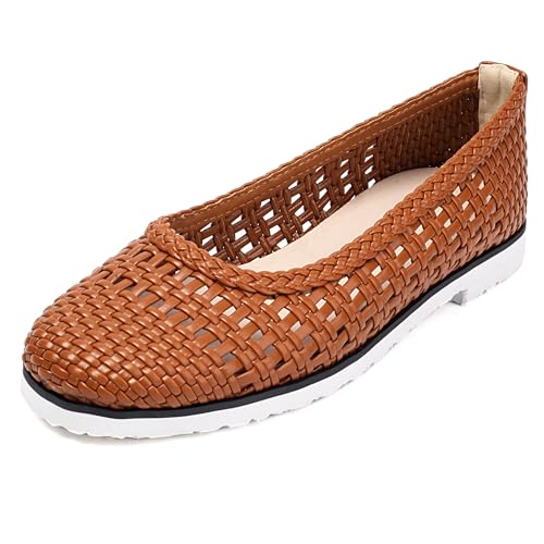 MJIASIAWA Braid Flach Runde Zehen Damen Leisure Walking Dolly Schuhe Ohne Verschluss Sommer Strand Flach Schuhe Damen Ballet Braun Gr 35 EU von MJIASIAWA