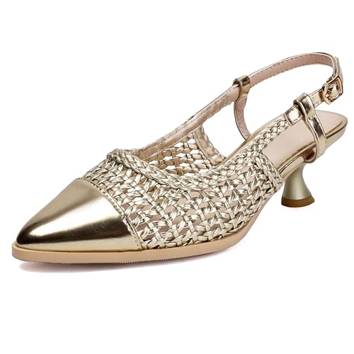 MJIASIAWA Braid Kitten Heel Damen Pointed Toe Slingback Ohne Verschluss Sommer Strand Schuhe Hollow Out Pumps Gold Gr 34 EU von MJIASIAWA