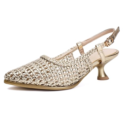 MJIASIAWA Braid Kitten Heel Damen Pointed Toe Slingback Ohne Verschluss Sommer Strand Schuhe Hollow Out Pumps Gold Gr 41 EU/43 Asiatisch von MJIASIAWA