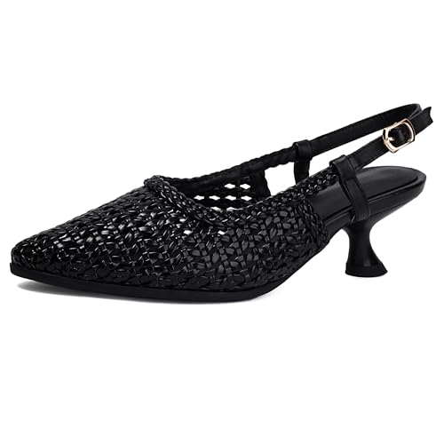 MJIASIAWA Braid Kitten Heel Damen Pointed Toe Slingback Ohne Verschluss Sommer Strand Schuhe Hollow Out Pumps Schwarz Gr 34 EU von MJIASIAWA