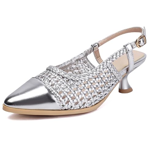 MJIASIAWA Braid Kitten Heel Damen Pointed Toe Slingback Ohne Verschluss Sommer Strand Schuhe Hollow Out Pumps Silber Gr 35 EU von MJIASIAWA