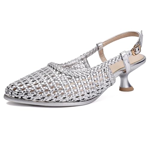 MJIASIAWA Braid Kitten Heel Damen Pointed Toe Slingback Ohne Verschluss Sommer Strand Schuhe Hollow Out Pumps Silber Gr 36 EU von MJIASIAWA