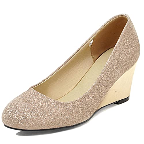 MJIASIAWA Bride Closed Toe Elegant Hochzeit Ohne Verschluss Keilabsatz Pumps Glitzer Abend Mode Mitte Absatz Comfy Kleid Pumps Gold Gr 37 EU/38 Asiatisch von MJIASIAWA