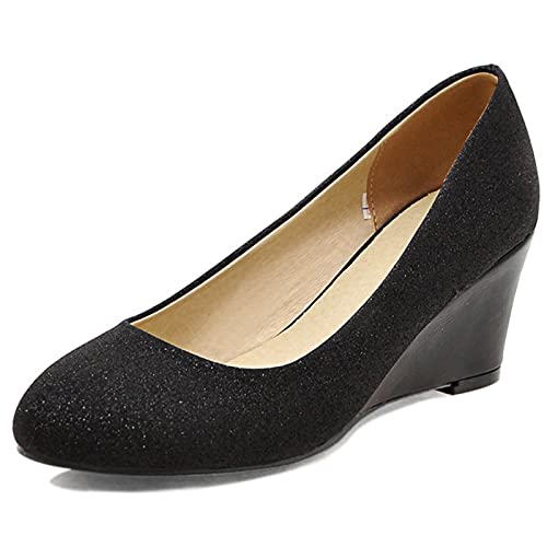 MJIASIAWA Bride Closed Toe Elegant Hochzeit Ohne Verschluss Keilabsatz Pumps Glitzer Abend Mode Mitte Absatz Comfy Kleid Pumps Schwarz Gr 33 EU von MJIASIAWA