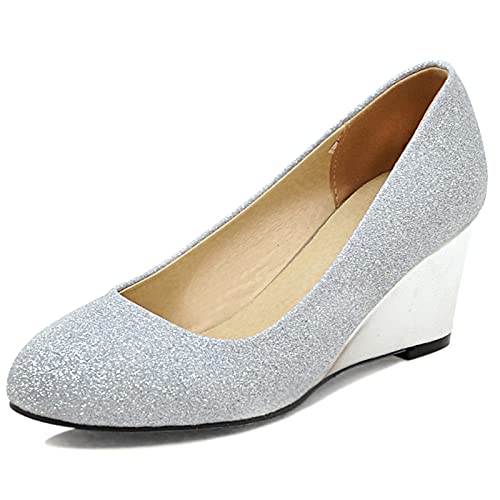 MJIASIAWA Bride Closed Toe Elegant Hochzeit Ohne Verschluss Keilabsatz Pumps Glitzer Abend Mode Mitte Absatz Comfy Kleid Pumps Silber Gr 39 EU/40 Asiatisch von MJIASIAWA