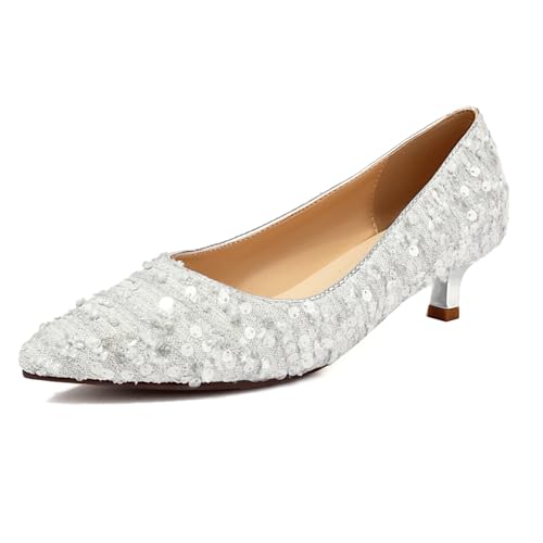 MJIASIAWA Bride Hochzeit Kitten Heel Pointed Toe Pumps Sequins Ohne Verschluss Mode Stiletto Niedrige Absatz Damen Party Abend Schuhe Silber Gr 40 EU/41 Asiatisch von MJIASIAWA