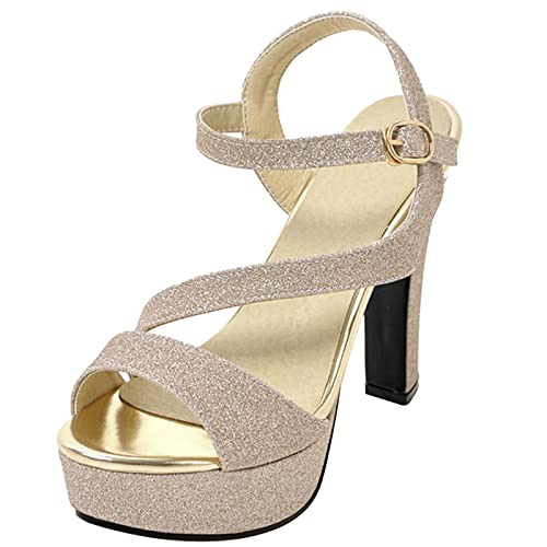 MJIASIAWA Bride Hochzeit Peep Toe Strappy Knöchelriemchen Plateau Höhe Ferse Sandalen Glitzer Kleid Elegant Blockabsatz Abend Schuhe Gold Gr 38 EU/39 Asiatisch von MJIASIAWA