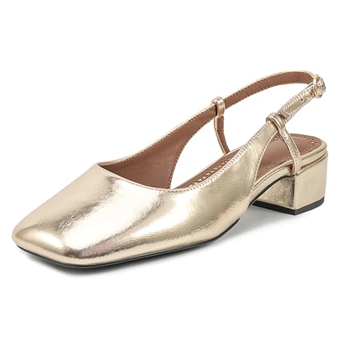 MJIASIAWA Bride Hochzeit Square Toe Mitte Blockabsatz Pumps Bogen Damen Ohne Verschluss Komfort Slingback Party Weit Fit Schuhe Gold Gr 36 EU von MJIASIAWA