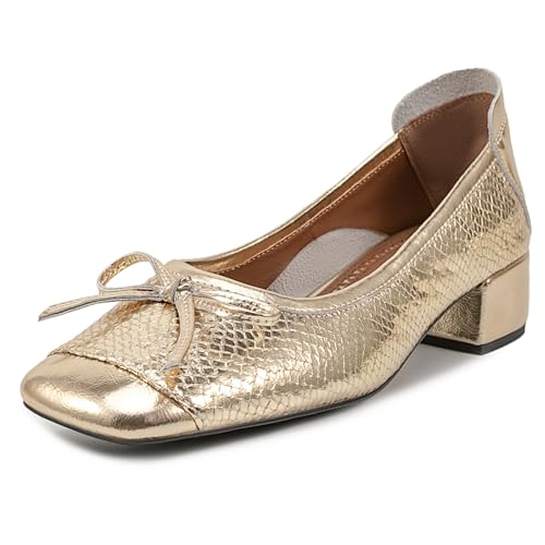 MJIASIAWA Bride Hochzeit Square Toe Mitte Blockabsatz Pumps Bogen Damen Ohne Verschluss Komfort Slingback Party Weit Fit Schuhe Gold Gr 41 EU/43 Asiatisch von MJIASIAWA