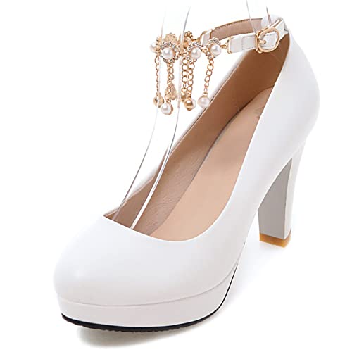 MJIASIAWA Bride Höhe Ferse Knöchelriemchen Pumps Hochzeit Kleid Closed Toe Sommer Knöchelriemchen Plateau Schuhe Party Weiß Gr 37 EU/38Cn Asiatisch von MJIASIAWA