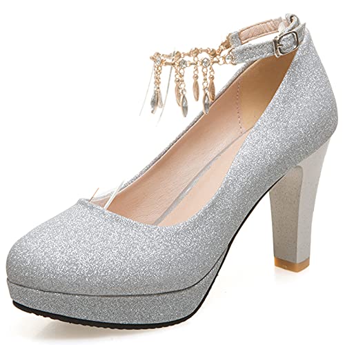 MJIASIAWA Bride Knöchelriemchen Kleid Glitzer Hochzeit Blockabsatz Plateau Pumps Abend Prom Damen Höhe Ferse Pumps Silber Gr 37 EU/38 Asiatisch von MJIASIAWA