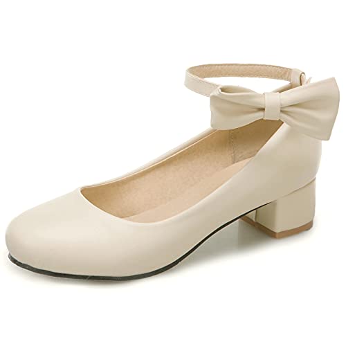 MJIASIAWA Bride Mitte Absatz Knöchelriemchen Bogen Studded Closed Toe Hochzeit Pumps Komfort Blockabsatz Damen Party Kleid Schuhe Beige Gr 40 EU/41 Asiatisch von MJIASIAWA