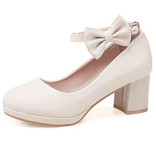MJIASIAWA Bride Schuhe Hochzeit Closed Toe Bows Blockabsatz Plateau Pumps Mary Jane Beaded Blumes Party Elegant Kleid Schuhe Beige Gr 37 EU/38 Asiatisch von MJIASIAWA