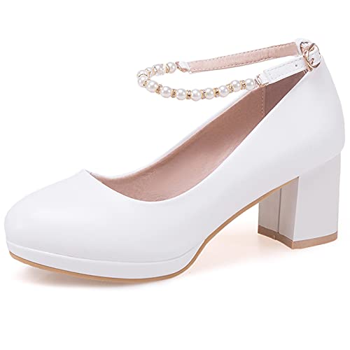 MJIASIAWA Bride Schuhe Hochzeit Closed Toe Bows Blockabsatz Plateau Pumps Mary Jane Beaded Blumes Party Elegant Kleid Schuhe Weiß Gr 39 EU/40 Asiatisch von MJIASIAWA