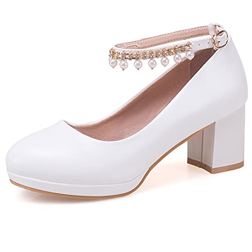 MJIASIAWA Bride Schuhe Hochzeit Closed Toe Bows Blockabsatz Plateau Pumps Mary Jane Beaded Blumes Party Elegant Kleid Schuhe Weiß Gr 40.5 EU/42 Asiatisch von MJIASIAWA