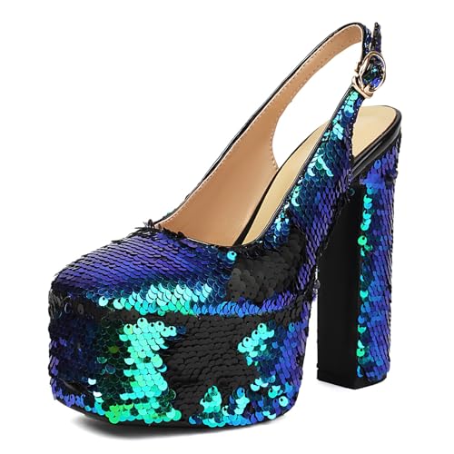 MJIASIAWA Bride Square Toe Hochzeit Hohen Blockabsatz Pumps Glitzer Schnalle Slingback Mode Plateau Damen Party Schnüren Schuhe Grün Gr 40 EU/41 Asiatisch von MJIASIAWA