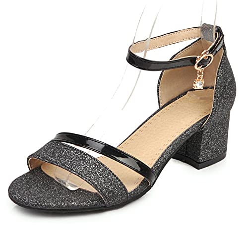 MJIASIAWA Bridesmaid Blockabsatz Glitzer Hochzeit Sandalen Offene Zeh Komfort Sommer Knöchelriemchen Abend Kleid Schuhe Schwarz Gr 43 EU/45 Asiatisch von MJIASIAWA