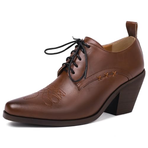 MJIASIAWA Brogue Oxford Damen Men Blockabsatz Buro Monk Schuhe Business Arbeit Klassischer Derby Embroiderot Western Stiefeletten Braun Gr 34 EU von MJIASIAWA