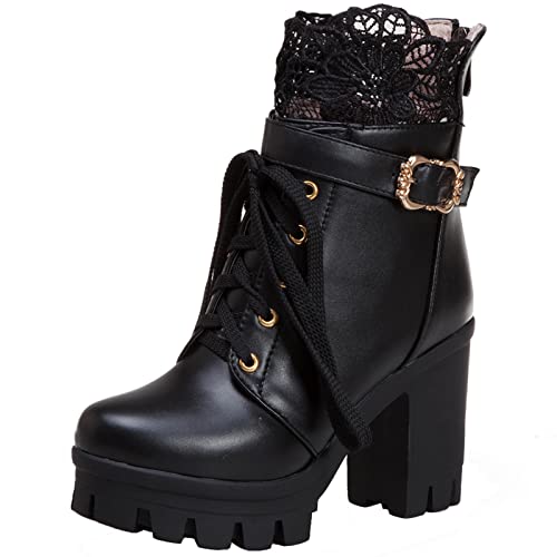 MJIASIAWA Chunky Heel Plateau Ankle Motorradstiefel Damen Elegant Schnüren Mode Runde Zehen Winter Hochzeit Leisure Warm Stiefeletten Schwarz Gr 35 EU von MJIASIAWA