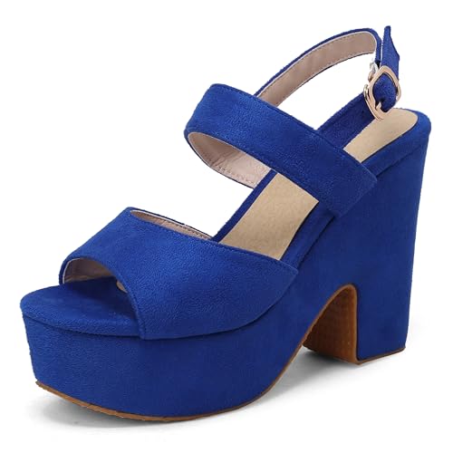 MJIASIAWA Chunky Keilabsatz Damen Offene Zeh Knöchelriemchen Sandals Wildleder Gladiator Sommer Party Plateau Romisch Blau Gr 37 EU/38 Asiatisch von MJIASIAWA