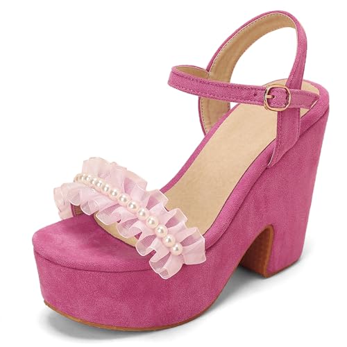 MJIASIAWA Chunky Keilabsatz Damen Offene Zeh Knöchelriemchen Sandals Wildleder Gladiator Sommer Party Plateau Romisch Rose-Rot Gr 34 EU von MJIASIAWA