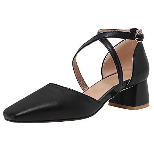 MJIASIAWA Closed Toe Sandalen Damen Knöchelriemchen Block Mitte Absatz Sandalen Komfort Hochzeit Square Toe Sommer Party Schuhe Schwarz Gr 41 EU/43 Asiatisch von MJIASIAWA