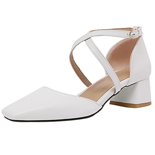 MJIASIAWA Closed Toe Sandalen Damen Knöchelriemchen Block Mitte Absatz Sandalen Komfort Hochzeit Square Toe Sommer Party Schuhe Weiß Gr 34 EU von MJIASIAWA