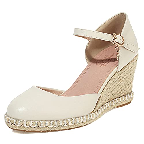 MJIASIAWA Closed Toe Sandalen Damen Knöchelriemchen Mode Keilabsatz Plateau Espadrilles Bogen Leisure Höhe Ferse Schuhe Beige Gr 34 EU von MJIASIAWA