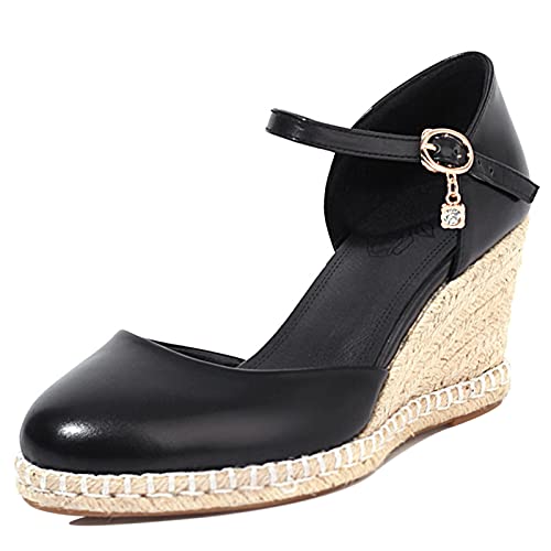 MJIASIAWA Closed Toe Sandalen Damen Knöchelriemchen Mode Keilabsatz Plateau Espadrilles Bogen Leisure Höhe Ferse Schuhe Schwarz Gr 35 EU von MJIASIAWA