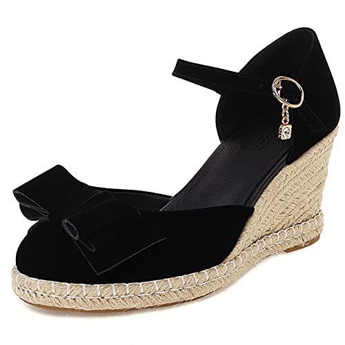 MJIASIAWA Closed Toe Sandalen Damen Knöchelriemchen Mode Keilabsatz Plateau Espadrilles Bogen Leisure Höhe Ferse Schuhe Schwarz Gr 38 EU/39 Asiatisch von MJIASIAWA