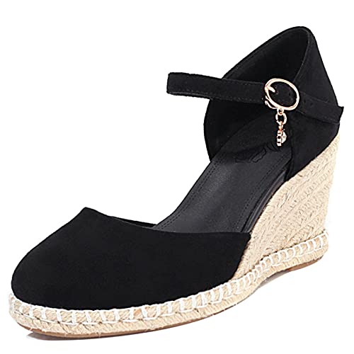 MJIASIAWA Closed Toe Sandalen Damen Knöchelriemchen Mode Keilabsatz Plateau Espadrilles Bogen Leisure Höhe Ferse Schuhe Schwarz Gr 38 EU/39 Asiatisch von MJIASIAWA