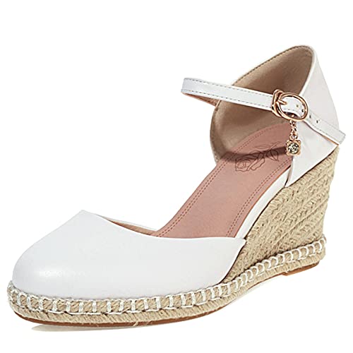 MJIASIAWA Closed Toe Sandalen Damen Knöchelriemchen Mode Keilabsatz Plateau Espadrilles Bogen Leisure Höhe Ferse Schuhe Weiß Gr 36 EU von MJIASIAWA