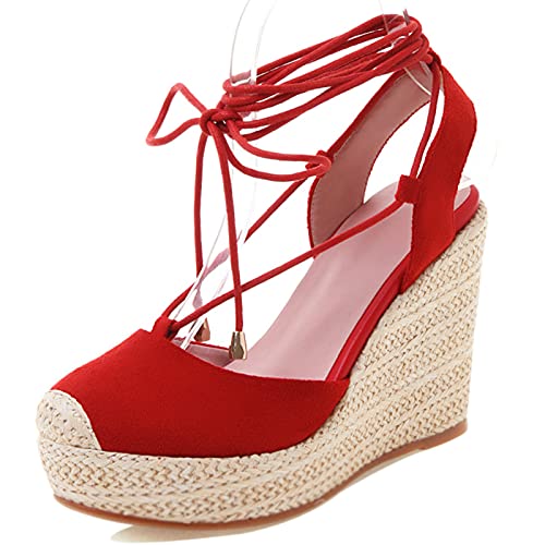 MJIASIAWA Closed Toe Sandalen Damen Schnüren Keilabsatz Plateau Espadrilles Strappy Sommer Höhe Ferse Schuhe Mode Rot Gr 39 EU/40 Asiatisch von MJIASIAWA