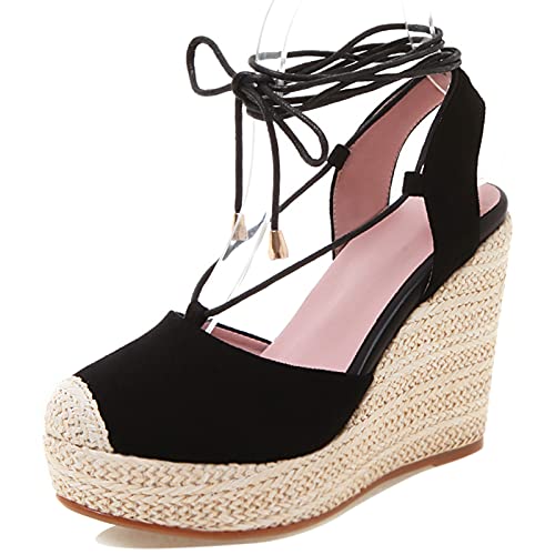 MJIASIAWA Closed Toe Sandalen Damen Schnüren Keilabsatz Plateau Espadrilles Strappy Sommer Höhe Ferse Schuhe Mode Schwarz Gr 38 EU/39 Asiatisch von MJIASIAWA