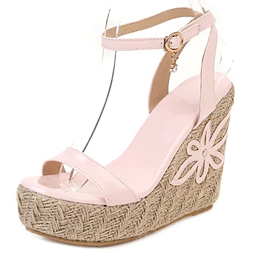 MJIASIAWA Comfy Espadrilles Keilabsatz Damen Knöchelriemchen Lack Sandalen Mode Offene Zeh Sommer Höhe Ferse Plateau Schuhe Pink Gr 39 EU/40 Asiatisch von MJIASIAWA