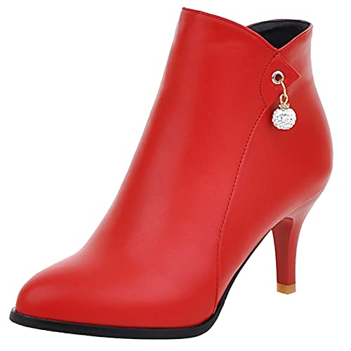 MJIASIAWA Damen Abend Elegant Stiletto Stiefeletten Kleid Hochzeit Formal Pointed Toe Winter Chelsea Stiefeletten Rot Gr 36 EU von MJIASIAWA