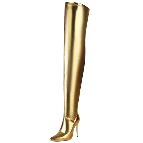 MJIASIAWA Damen Abend Thigh High Pointed Toe Stiefel Party Mode Stiletto Winter Dancing Oberschenkel Stretch Booty Gold Gr 36.5 EU/37 Asiatisch von MJIASIAWA