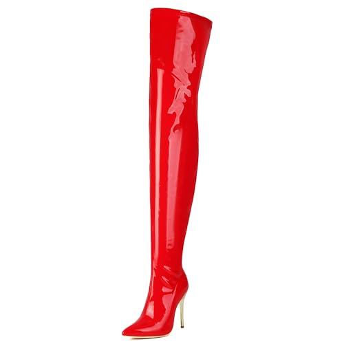 MJIASIAWA Damen Abend Thigh High Pointed Toe Stiefel Party Mode Stiletto Winter Dancing Oberschenkel Stretch Booty Rot Gr 34 EU von MJIASIAWA
