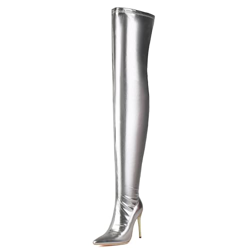 MJIASIAWA Damen Abend Thigh High Pointed Toe Stiefel Party Mode Stiletto Winter Dancing Oberschenkel Stretch Booty Silber Gr 36.5 EU/37 Asiatisch von MJIASIAWA