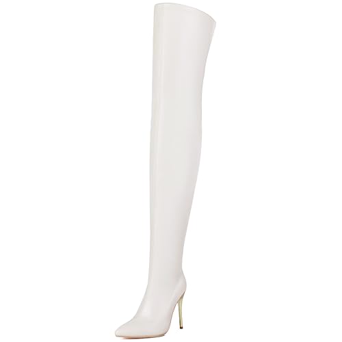 MJIASIAWA Damen Abend Thigh High Pointed Toe Stiefel Party Mode Stiletto Winter Dancing Oberschenkel Stretch Booty Weiß Gr 36.5 EU/37 Asiatisch von MJIASIAWA