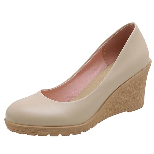 MJIASIAWA Damen Arbeit Keilabsatz Closed Toe Pumps Solid Color Ohne Verschluss Buro Formal Plateau Schuhe Mode Loafers Aprikose Gr 39 EU/40 Asiatisch von MJIASIAWA
