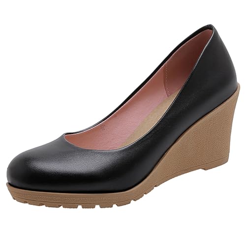 MJIASIAWA Damen Arbeit Keilabsatz Closed Toe Pumps Solid Color Ohne Verschluss Buro Formal Plateau Schuhe Mode Loafers Schwarz Gr 34 EU von MJIASIAWA