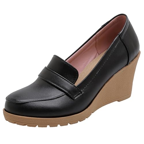 MJIASIAWA Damen Arbeit Keilabsatz Closed Toe Pumps Solid Color Ohne Verschluss Buro Formal Plateau Schuhe Mode Loafers Schwarz Gr 38 EU/39 Asiatisch von MJIASIAWA