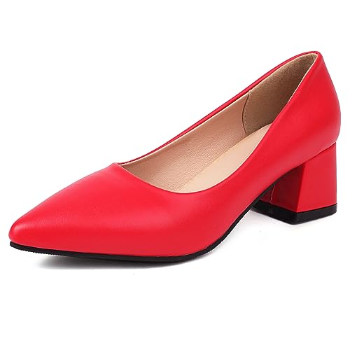MJIASIAWA Damen Basic Pointed Toe Blockabsatz Pumps Ohne Verschluss Arbeit Formal Schuhe Mitte Absatz Closed Toe Bridal Kleid Rot Gr 41 EU/43 Asiatisch von MJIASIAWA