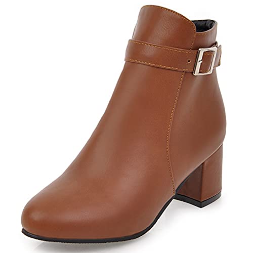 MJIASIAWA Damen Block Mitte Absatz Winter Chelsea Stiefel Reißverschluss Draußen Leisure Pointed Toe Comfy Warm Buro Stiefeletten Mode Braun Gr 44 EU/46 Asiatisch von MJIASIAWA