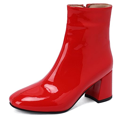 MJIASIAWA Damen Blockabsatz Chelsea Lack Sequins Stiefeletten Runde Zehen Warm Sparkly Hochzeit Schuhe Bride Mode Winter Stiefeletten Rot Gr 36 Eu von MJIASIAWA