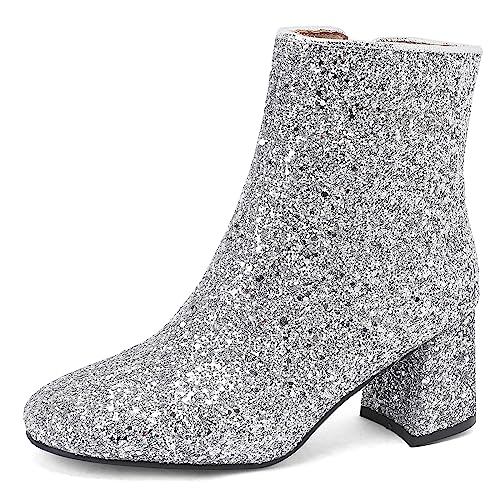 MJIASIAWA Damen Blockabsatz Chelsea Lack Sequins Stiefeletten Runde Zehen Warm Sparkly Hochzeit Schuhe Bride Mode Winter Stiefeletten Silber Gr 34 Eu von MJIASIAWA