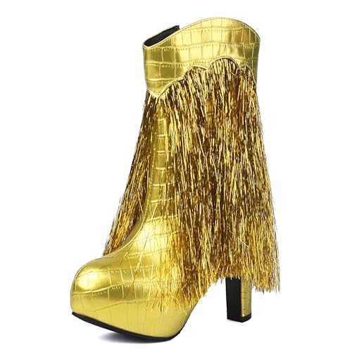MJIASIAWA Damen Blockabsatz Halbschaft Runde Zehen Stiefel Plateau Winter Mode Plateau Riding Stiefeletten Dancing Franse Höhe Ferse Gold Gr 44 EU/46 Asiatisch von MJIASIAWA